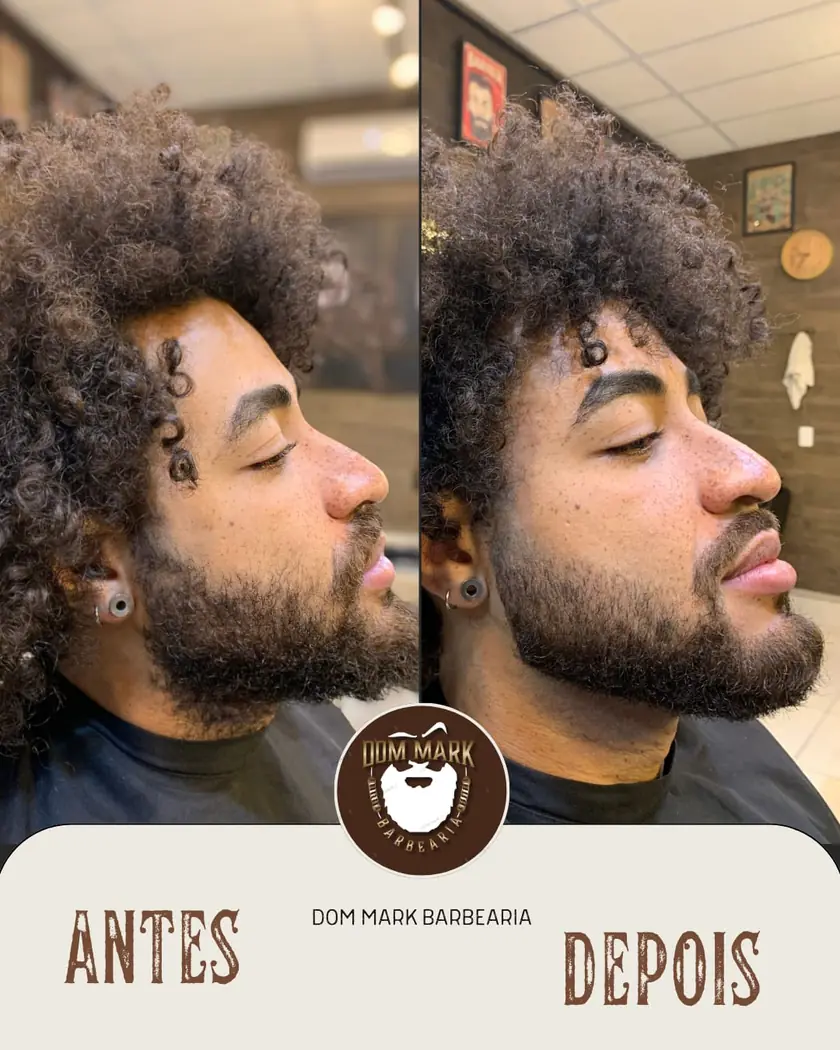 Antes e depois de corte e barba em cliente com cabelo crespo volumoso